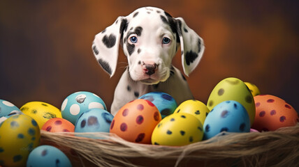 Dalmatian puppy with Easter eggs 