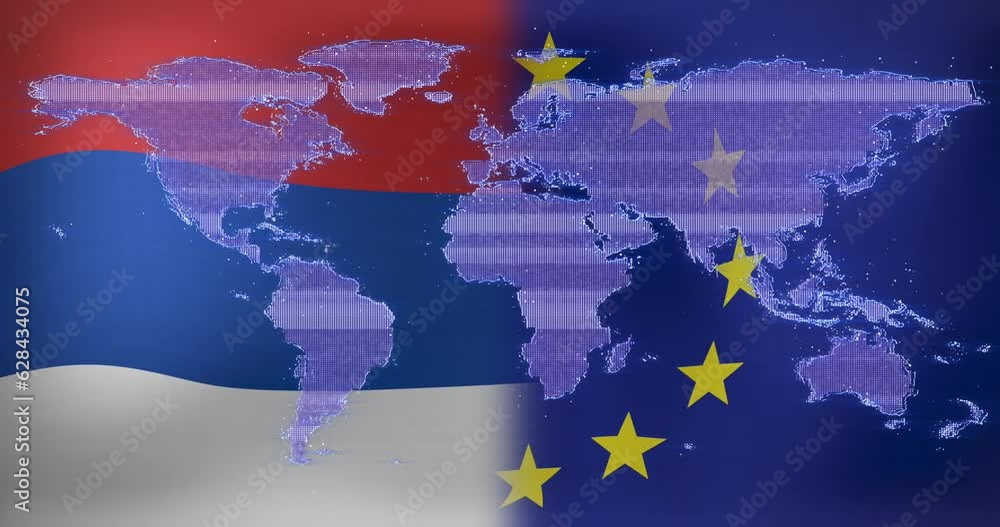 Poster animation of digital map moving over russian flag and european union flag