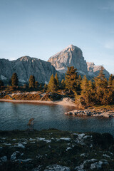 Beautiful sunset view on Lago di Limides in the Falzarego Pass Dolomites, Italy