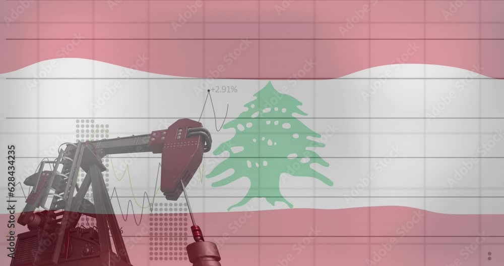 Poster animation of lebanon flag and multiple graphs over crane moving at construction site
