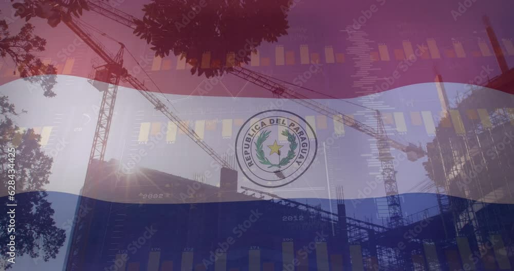 Poster animation of multiple bar graphs and paraguay flag over cranes on construction building