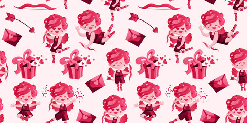 Pattern with cupid on Valentine s Day. Seamless pattern. Vector. Can be used to create charming and romantic designs for greeting cards, gift wrapping, stationery, or other love-themed materials.