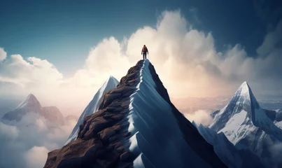 Fotobehang Mount Everest Goal to success for level up with person climbing on route slope to mountain peak.human performance limit concepts.growth mindset and motivation.generative ai, Generative AI
