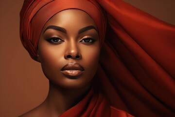 African beautiful woman portrait. Brunette curly haired young model with dark skin and perfect smile.