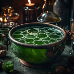 A close-up shot of a cauldron filled with bubbling green liquid, surrounded by potion ingredients like eyeballs, bats' wings, and spider legs.