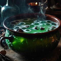 A close-up shot of a cauldron filled with bubbling green liquid, surrounded by potion ingredients like eyeballs, bats' wings, and spider legs.