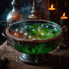 A close-up shot of a cauldron filled with bubbling green liquid, surrounded by potion ingredients like eyeballs, bats' wings, and spider legs.