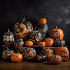 A collection of carved and painted Halloween-themed pumpkins in various sizes, showcasing creative designs and patterns. 