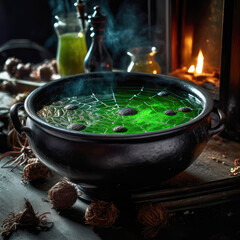 A close-up shot of a cauldron filled with bubbling green liquid, surrounded by potion ingredients like eyeballs, bats' wings, and spider legs.