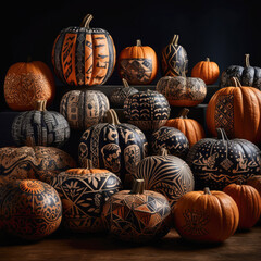 A collection of carved and painted Halloween-themed pumpkins in various sizes, showcasing creative designs and patterns. 