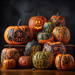 A collection of carved and painted Halloween-themed pumpkins in various sizes, showcasing creative designs and patterns. 