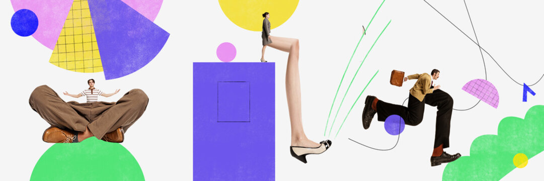 Contemporary collage. Banner for presentation. Artwork symbolizing of concentration, start of work and career growth.