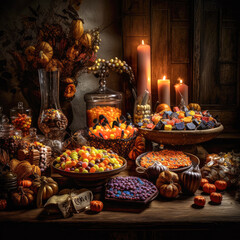 A collection of Halloween-themed candies and treats, including candy corn, gummy worms, and chocolate bats, artfully arranged in a colorful display. 