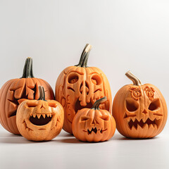 A lineup of carved pumpkins, cut out and placed on a white background, displaying various emotions and expressions for Halloween inspiration.