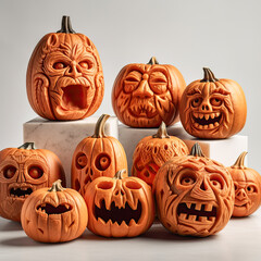A lineup of carved pumpkins, cut out and placed on a white background, displaying various emotions and expressions for Halloween inspiration.