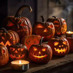 A lineup of carved pumpkins with various expressive faces, illuminated from within by candles, creating a spooky and inviting scene.