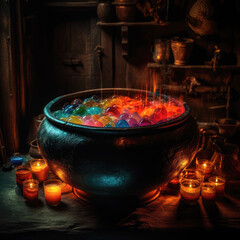 A mesmerizing shot of a witch's cauldron bubbling with colorful potions, perfectly illuminated by accent lighting, evoking a sense of mystery and enchantment. 