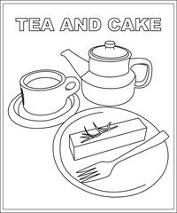 Tea and cake coloring book page, food coloring book for children