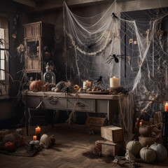A selection of Halloween decorations and props, such as spider webs, fake cobwebs, and plastic spiders, arranged in a corner to create a haunted look. 