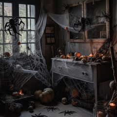 A selection of Halloween decorations and props, such as spider webs, fake cobwebs, and plastic spiders, arranged in a corner to create a haunted look. 