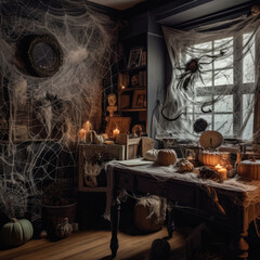 A selection of Halloween decorations and props, such as spider webs, fake cobwebs, and plastic spiders, arranged in a corner to create a haunted look. 