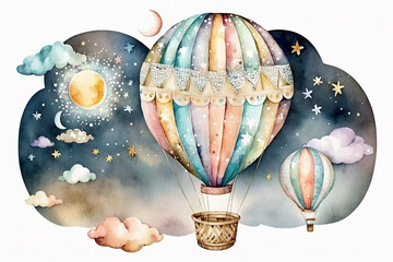 Generative AI. Watercolor colorful hot air balloons. hot air balloons in the sky. Collection with retro airship. Sky adventure with clouds, stars and moon. Perfect for baby prints