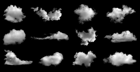 Set of white clouds or fog for design isolated on black background.	
