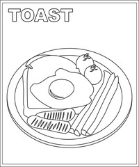 Toast coloring book page, food coloring book for children
