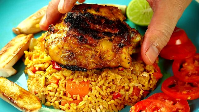 Tandoori chicken with fried rice in plate, in door  Chiangmai  Thailand