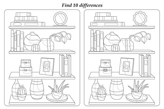 Find 10 differences. Coloring book for adults and children. Various items on the shelves.
