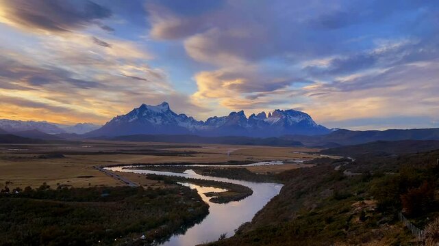 Beautiful landscape at view point of Mirador Rio Serrao at Torres del Paine National Park, Patagonia in Chile. The movement of clouds and sunshine with reflection in river during sunset time. 