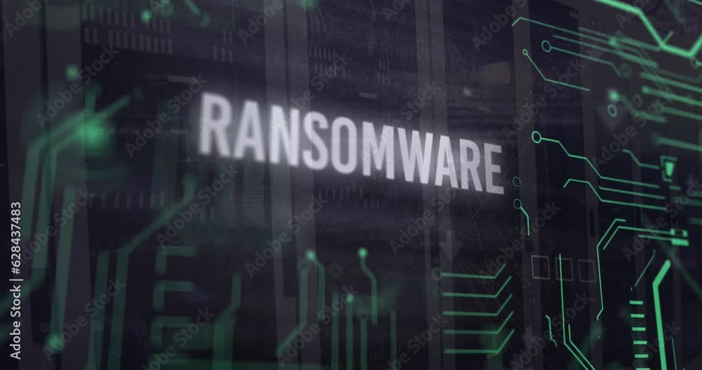 Poster animation of ransomware text in circuit board pattern, binary codes over server room