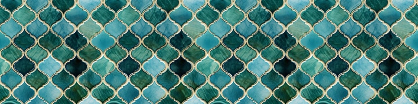 Abstract green blue turquoise geometric moroccan marrakech tiles wallpaper texture background banner panorama -Vintage retro concrete stone ceramic cement tiles wall, seamless pattern (Generative Ai)