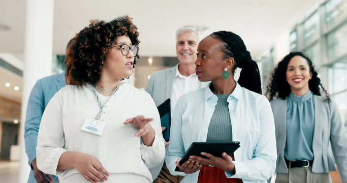 Tablet, consulting and walking business women, workforce or staff teamwork on company plan, strategy or research advice. Conversation, online feedback report or group talking about design development