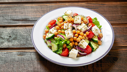 Greek salad with chickpea on wooden background