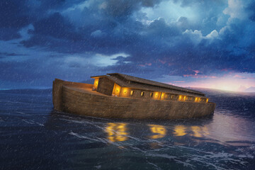 Noah's ark floats on rough water on rainy stormy weather at dusk - 3D rendering