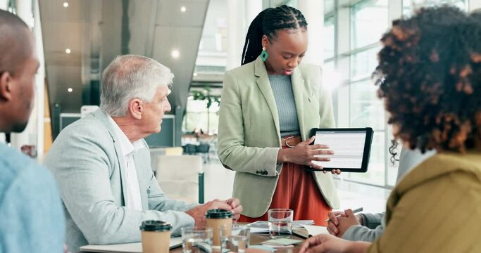 Business people, meeting and presentation on tablet screen for clients marketing, sales and information or advice. Feedback, report or proposal of professional manager, men and women on digital tech