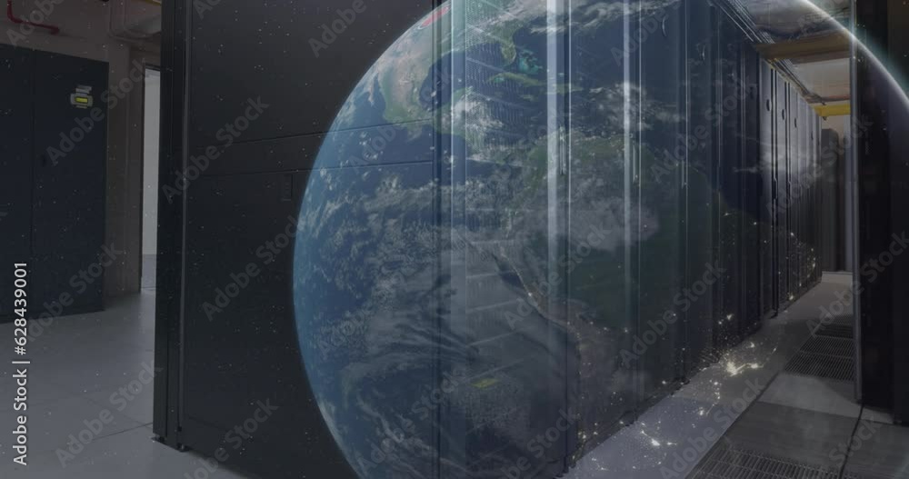 Poster animation of illuminated globe against server room in background