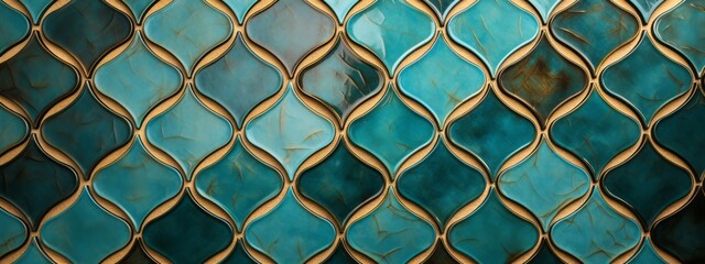 Fototapeta premium Abstract green turquoise geometric moroccan marrakech tiles wallpaper texture background banner pattern -Vintage retro concrete stone ceramic cement tiles wall (Generative Ai)