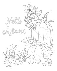 Hello, Autumn. Coloring. The inscription and symbols of autumn.