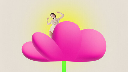 Horizontal picture of posing young woman wakes up in flower. Ad. Artwork with 3d elements.