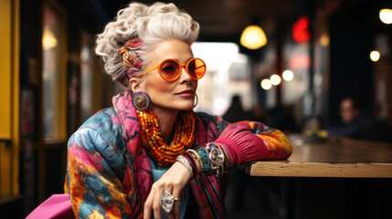 Naklejka premium Amid Berlin's heartbeat, an elder hipster fashion woman flourishes. Her vibrant attire mirrors her spirit, large sunglasses , a tribute to unique individuality and confidence. Vibrant. Generative AI