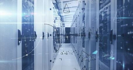 Animation of mathematical equations and diagrams over lens flares against server room - Powered by Adobe