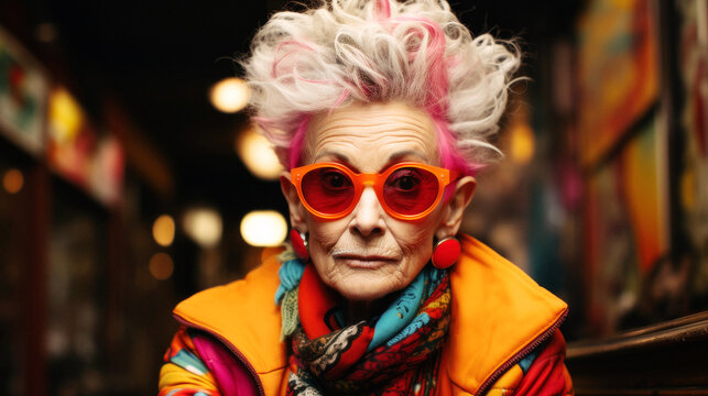 Amid Berlin's heartbeat, an elder hipster fashion woman flourishes. Her vibrant attire mirrors her spirit, large sunglasses , a tribute to unique individuality and confidence. Vibrant. Generative AI