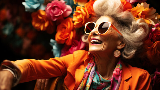 Amid Berlin's heartbeat, an elder hipster fashion woman flourishes. Her vibrant attire mirrors her spirit, large sunglasses , a tribute to unique individuality and confidence. Vibrant. Generative AI