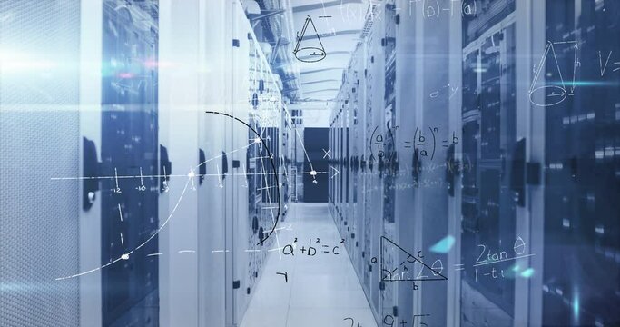 Animation of mathematical equations and diagrams over lens flares against server room - Powered by Adobe
