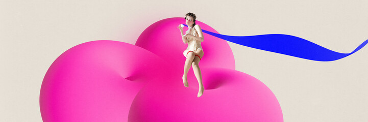 Contemporary artwork of woman who sitting and pours blue liquid from cup in hand. 3d painted pink...