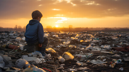 Saddened Child in Overwhelming Plastic Waste Under Overcast Sky. Generative Ai.