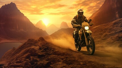 Generative AI, Motorcycle rider on street riding, sunset sky, having fun driving the empty highway on a motorcycle tour journey