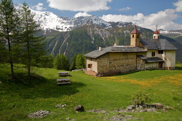 Notre Dame des Vernettes sanctuary (dated from 18 century), a church surrounded by mountains and...